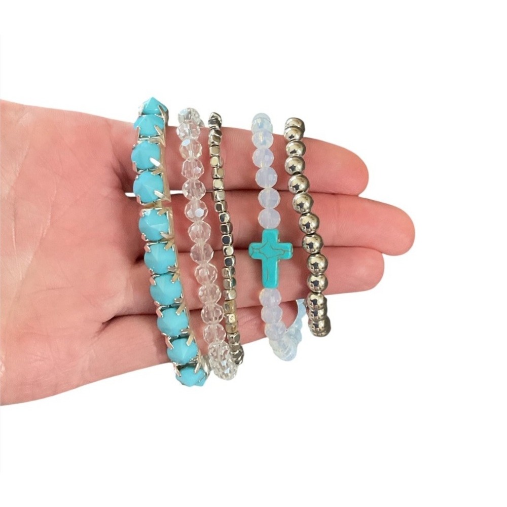 Rhinestone & Beaded Stackable Stretch Bracelets Lot Of 5 - Aqua Silver Tone NEW